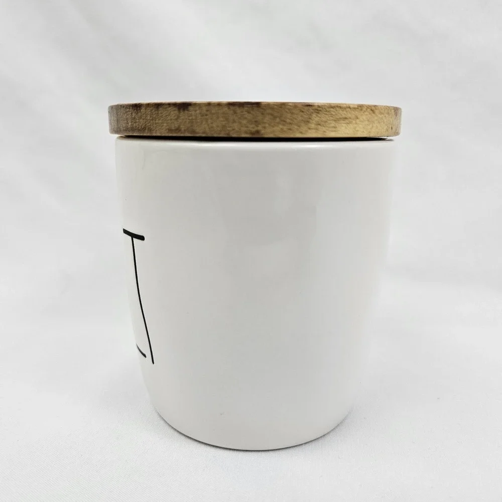 Rae Dunn Ceramic Salt Cellar Canister with Wooden Lid Farmhouse Decor White